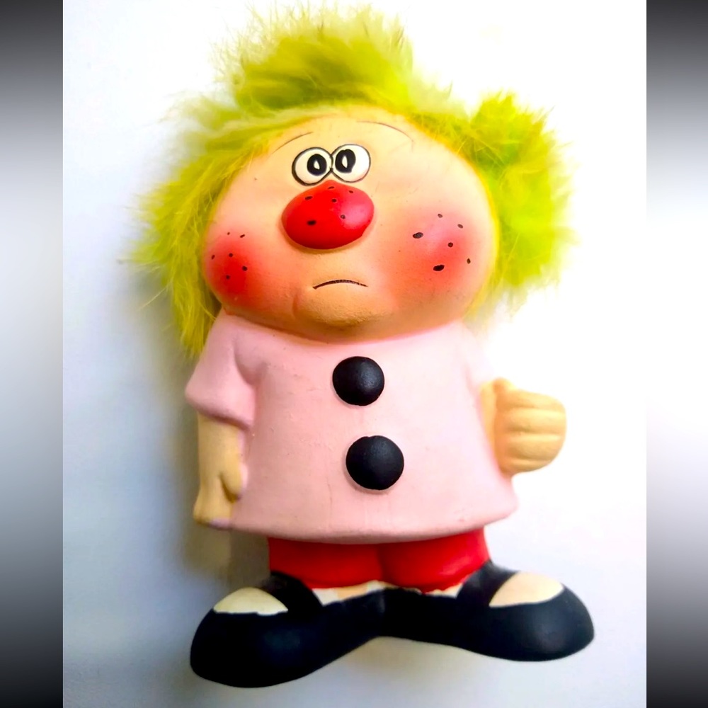 Vintage Enesco Clown Green Fuzzy Hair 4" Figurine Japan Foil Sticker